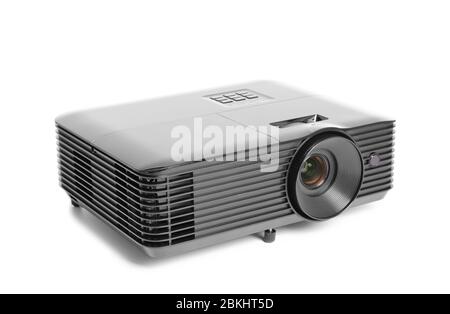 Moderner Videoprojektor auf weißem Hintergrund Stockfoto