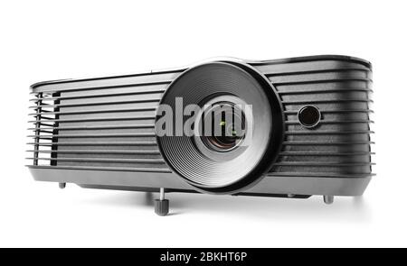 Moderner Videoprojektor auf weißem Hintergrund Stockfoto