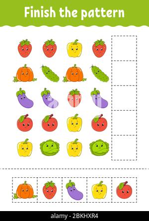 Beende das Muster. Schneiden und spielen. Obst und Gemüse. Arbeitsblatt zur Entwicklung von Schulungen. Aktivitätsseite.Zeichentrickzeichen. Stock Vektor