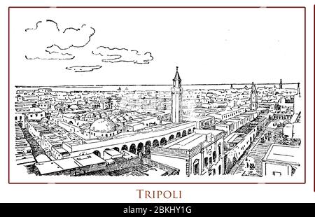 Vintage illustrierte Tabelle mit einem Panoramablick auf die antike Stadt Tripolis Hauptstadt von Libyen von den Phöniziern im 7. Jahrhundert v. Chr. gegründet, an der Mittelmeerküste Stockfoto