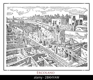 Illustrierte Tabelle von einem italienischen Lexikon von Ercolano (Herculaneom), das 79 v. Chr. durch den Vesuv zerstört wurde, antike römische Ausgrabungsstätte in der Nähe von Neapel und Pompei Stockfoto