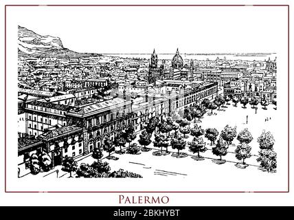 Vintage illustrierte Tabelle mit einem Panoramablick auf die Stadt Palermo, 2700 Jahre alt, Hauptstadt von Sizilien Insel und Region Süditalien, Stadt reich an Geschichte, Kunst und Kultur. Stockfoto