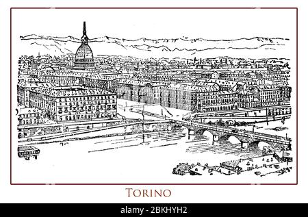 Vintage illustrierte Tabelle mit einem Panoramablick auf die Stadt Turin (Turin) wichtiges Geschäfts- und Kulturzentrum in Norditalien am Po Ufer gelegen und umgeben von der Alpine Bogen der Berge Stockfoto