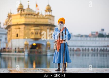 Indien, Punjab Staat, Amritsar, Harmandir Sahib, ganzheitliches Porträt eines Sikh Mannes und Goldener Tempel im Hintergrund, heiliger Ort des Sikhismus Stockfoto