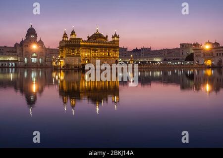 Indien, Punjab Staat, Amritsar, Harmandir Sahib, Goldener Tempel, der in der Dämmerung beleuchtet wird, mit Reflexion im Nektar Becken, Amrit Sarovar, heiliger Ort des Sikhismus Stockfoto