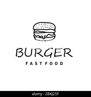 Burger Logo Design mit Hipster Line Art Zeichnung Stil Stock Vektor