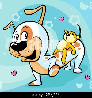 Niedlicher Dachshund trägt auf seinem Rücken einen Teddybären auf abstraktem Hintergrund - Vektor Stock Vektor