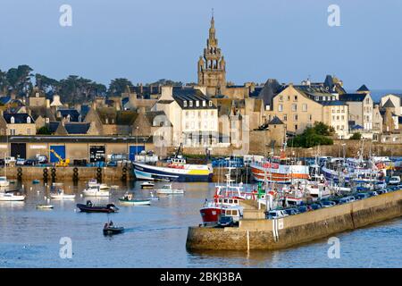 Frankreich, Finistere, Roscoff, Hafen mit der Uhrturm (1701) von Notre-Dame de Croaz Batz Kirche Stockfoto