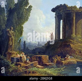 Römische Ruinen, auch junge Mädchen vor einer Statue genannt 1779 von Hubert ROBERT 1733 - 1808 Frankreich, Französisch, Stockfoto