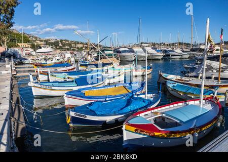 Frankreich, Alpes-maritimes (06), Villefranche-sur-Mer, Port Royal de la Darse, bateaux de pêche traditionnels appelés localement pointu / /Frankreich, Alpes-Maritimes, Villefranche-sur-Mer, Port Royal de la Darse, traditionelle Fischerboote genannt lokal pointiert Stockfoto