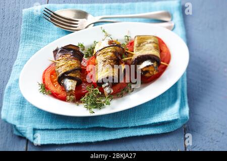 Sardinen Auberginen Rollen Parmesan Stockfoto