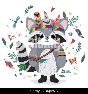 Ein Waschbär in indischer Tracht. Zeichnung für T-Shirts. Drucken. Mütze von Federn, Libelle, Blättern, Herz. Stock Vektor