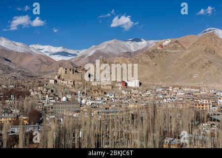 Indien, Jammu und Kaschmir, Ladakh, Leh, allgemeine Ansicht der Stadt, die durch den zerstörten Königspalast und Namgyal Tsemo Gompa Buddhistisches Kloster auf nahe gelegenen überhängenden Hügel, Höhe 3500 Meter dominiert wird Stockfoto