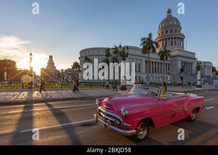 Kuba, Provinz Ciudad de la Habana, Havanna, Stadtteil Centro Habana, amerikanische Wagen auf dem Paseo del Prado auch genannt Paseo José Marti anschließen Capitol und Malecon Stockfoto