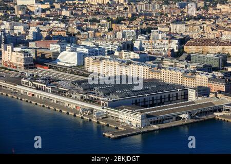 Frankreich, Bouches du Rhone, Marseille, Euromediterranien Zone, Grand Port Maritime de Marseille, 2. Arrondissement, La Joliette Bezirk, La Grande Joliette Becken, Les Terrasses du Port (Luftaufnahme) Stockfoto