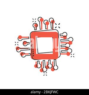 Computer cpu Icon im Comic Stil. Leiterplatte Cartoon Vektor Illustration auf weißem isolierten Hintergrund. Motherboard Chip Splash Effect Business Konz Stock Vektor