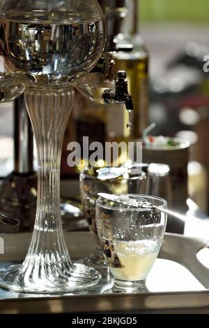 Frankreich, Haute Saone, Fougerolles Saint Valbert, Fougerolles, Paul Devoille Brennerei, Geschäft, Absinthe Brunnen Stockfoto