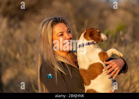 Namibia, Privatreservat, Hüter mit brauner Hyäne, (Parahyena brunnea, vor Hyena brunnea), gefangen Stockfoto