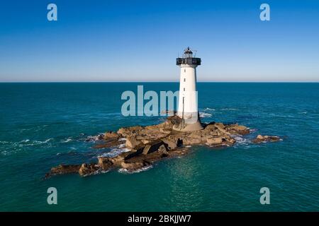 Frankreich, Ille-et-Vilaine, Côte d'Emeraude (Smaragdküste), Cancale, Pointe du Grouin, Leuchtturm Pierre-de-Herpin (Luftaufnahme) Stockfoto