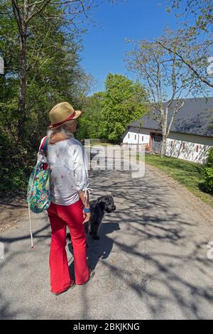 Europa, Luxemburg, Insenborn, attraktive ältere Frau, die ihren Hund an einem Frühlingsmorgen in Richtung Lac Sûre geht Stockfoto