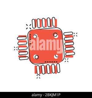 Computer cpu Icon im Comic Stil. Leiterplatte Cartoon Vektor Illustration auf weißem isolierten Hintergrund. Motherboard Chip Splash Effect Business Konz Stock Vektor