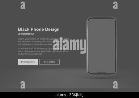 Schwarzes Vektortelefon isoliert auf dunklem Hintergrund. Mock-up mit leerem Bildschirm für Geschäftspräsentationen. Stock Vektor