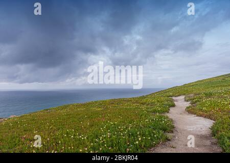 Stürmische Wetterlandschaft an der Atlantikküste bei Cabo da Roca, Portugal, Frühling Stockfoto