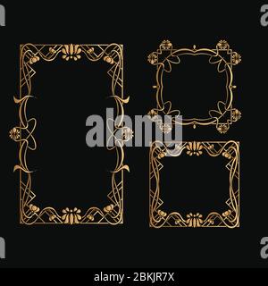 Set aus Jugendstil-Rahmen. Rechteckiger Dekorationsrahmen mit Jugendstil-Ornament. Vektor Ornament Pflanze Vignette für Etiketten, Banner, Aufkleber und Stick Stock Vektor