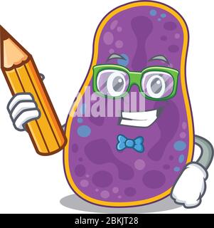 Eine hirnige Studentin Shigella sp. Bakterien Cartoon-Figur mit Bleistift und Brille Stock Vektor