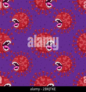 Nahtlose rote Virus Cartoon Muster auf lila Hintergrund. Vektorbild Stock Vektor