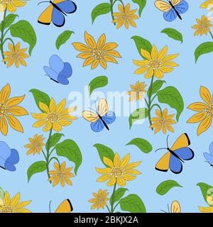 Nahtlose Muster Sonnenblumen und Schmetterlinge auf blauem Hintergrund. Für die Gestaltung von Textilien, Drucke auf Kissen, Geschirr, Küchentücher, Notizbuch Stock Vektor