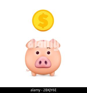 Sparschwein und Goldmünze. 3d-Geldbox. Vektorgrafik Stock Vektor