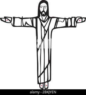 Vektor-Illustration von Hand gezeichnet oder Zeichnung von Jesus Christus mit offenen Armen Stock Vektor