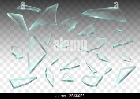 Realistische transparente Stücke von zerbrochenem Glas auf transparentem Hintergrund, Vektorgrafik Stock Vektor