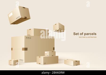 Vorlage von Paketen. Kartons für Verpackung und Transport von Waren. Vektorkonzept Illustration. Stock Vektor