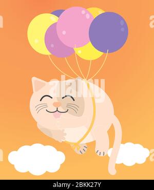 Eine fette Katze, die im orangen Himmel schwebt. Es gibt lila und gelbe Ballons an die lächelnde Katze gebunden. Vektorgrafik. Stock Vektor