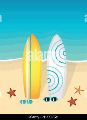 Zwei Surfbretter und Sonnenbrille am Strand mit Seestern Vektor-illustration EPS 10. Stock Vektor