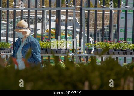 2. Mai 2020 - Montreal, QC, Kanada: Ältere Erwachsene Kundin trägt medizinische Gesichtsmaske im Garden Center wegen Coronavirus COVID-19 Pandemie; Stockfoto