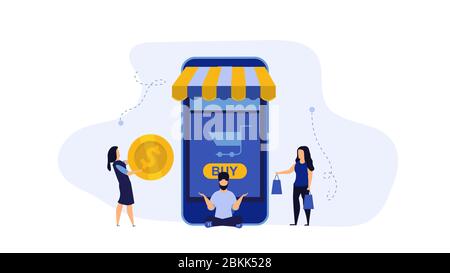 Einzelhandel Kauf Vektor-Display Smart Produkt Illustration Shopping Store. Menschen kaufen Shop Tasche Shop Markt. Commerce Business-Kauf-Konzept. Verbraucher Stock Vektor
