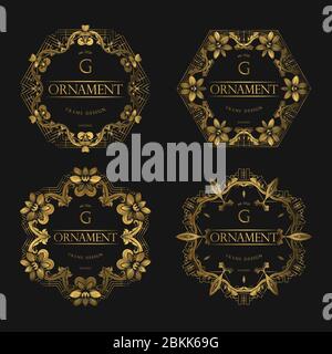 Set Aus Golden Frame Luxus. Rahmen Luxus mit goldenen Farben, Ornament Konzept, luxuriöse Abzeichen, Gold Label, Retro-Konzept. Trendy Vintage Royal Orname Stock Vektor