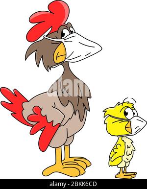 Cartoon Huhn und ihr Baby Küken trägt eine Schutzmaske gegen Corona Virus Vektor Illustration Stock Vektor