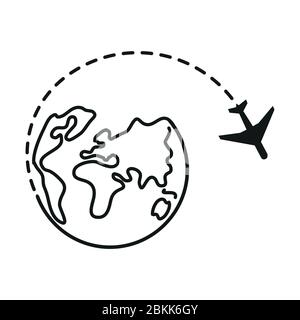 Reisen rund um die Welt. Flugzeug fliegen um den Planeten Erde. Logo. Schwarze Linie Globus mit fliegenden Flugzeug Symbol isoliert auf weißem Hintergrund Stock Vektor