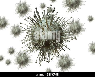 Viruszellen schließen isoliert auf weißem Hintergrund. Coronavirus Covid-19 Stockfoto