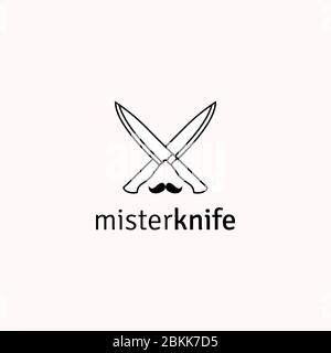 mister Messer Logo, Vintage Retro Linie Kunst Küche Messer mit Schnurrbart Logo Design Stock Vektor