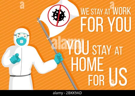 Vektor-Motivationsillustration mit Arzt im Schutzanzug mit Gesichtsmaske mit Fahne mit Symbol Stop Coronavirus auf orangefarbenem Hintergrund. Stock Vektor