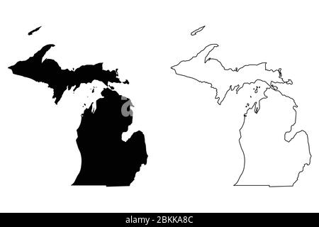 Michigan MI State Maps. Schwarze Silhouette und Umriss isoliert auf weißem Hintergrund. EPS-Vektor Stock Vektor