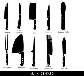 Ein Satz von Küchenmesser Piktogramm Symbole. Kochmesser, gebogenes Paring, Cleaver, Paring Messer, Spreizer, Tranchiergabel, Küchenaxt, Ausbeinung, japanisches Gemüse Stock Vektor