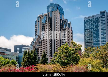 Τhe San Francisco Marriott Marquis, ein Hotel in der 780 Mission Street zwischen 4th Street und Yerba Buena Lane im Viertel South of Market (Soma). Stockfoto