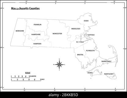 massachusetts State umreißen administrative und politische Vektor-Karte in schwarz und weiß Stock Vektor