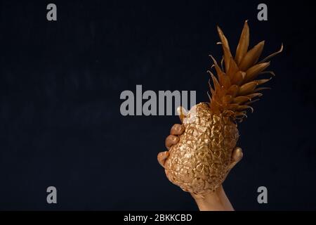 Kontrastkonzept. Ananas in der Hand auf schwarzem Hintergrund Stockfoto